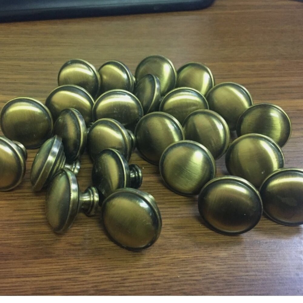 24 Vintage Domed Round Brushed Brass Knobs Cabinet Drawer